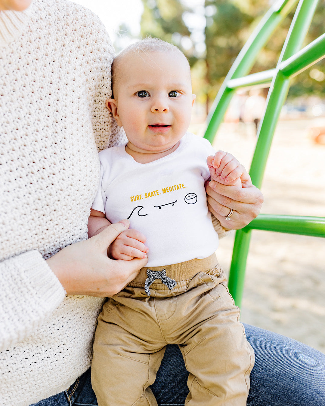 California Kids Collection | Surf Skate Meditate - Onesie - White| Eco-Friendly, Sustainable Kids Apparel