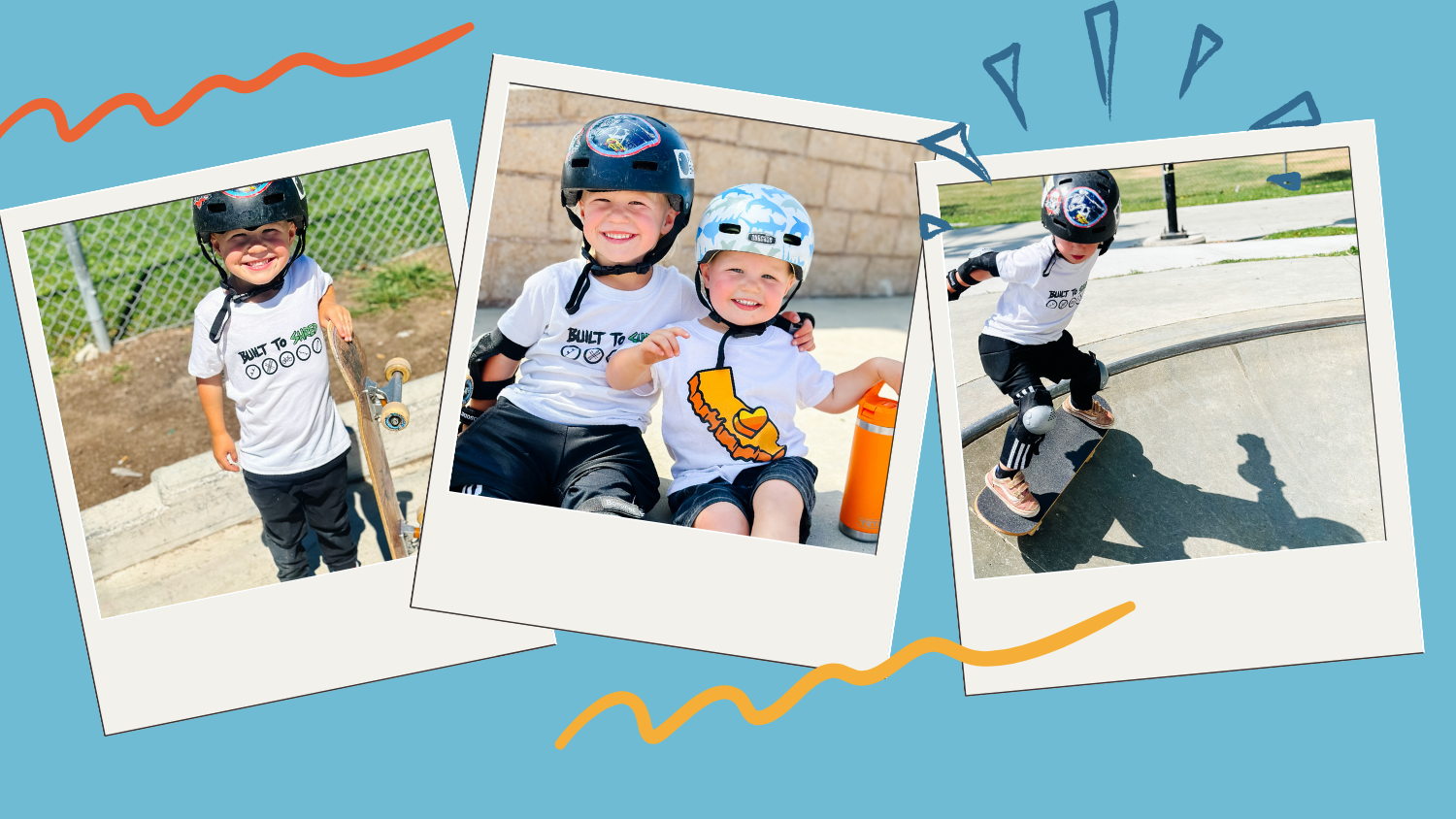 A collage of three polaroid-style photos showing children wearing a CKC white graphic T-shirt, black helmets, and skateboarding outdoors on a sunny day, set against a light blue background with orange doodle accents.