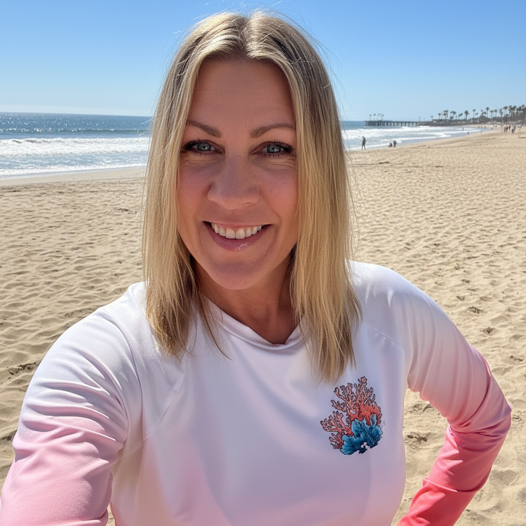 A smiling blonde woman takes a selfie on a sunny beach, wearing a long-sleeve CKC rash guard with a pink gradient on the sleeves and a colorful coral graphic on the left chest.